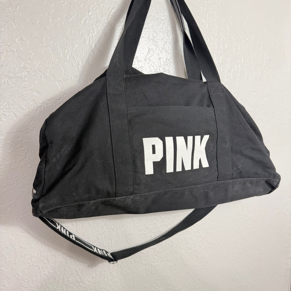 Victoria's Secret PINK Black Canvas Duffel Bag Logo Strap Weekend Gym Travel - Picture 2 of 9